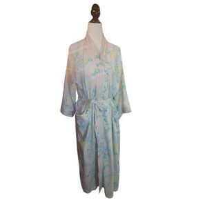 80s Vintage Cotton Floral Pastel Robe Housecoat Belted Satin Edging